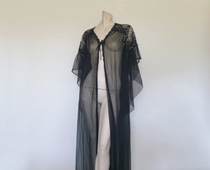Sheer Black Peignoir, Robe With Amazing Sleeves - M