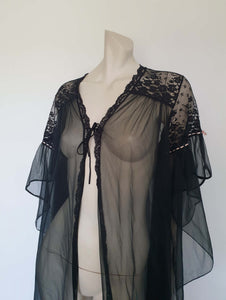Sheer Black Peignoir, Robe With Amazing Sleeves - M – Louisa