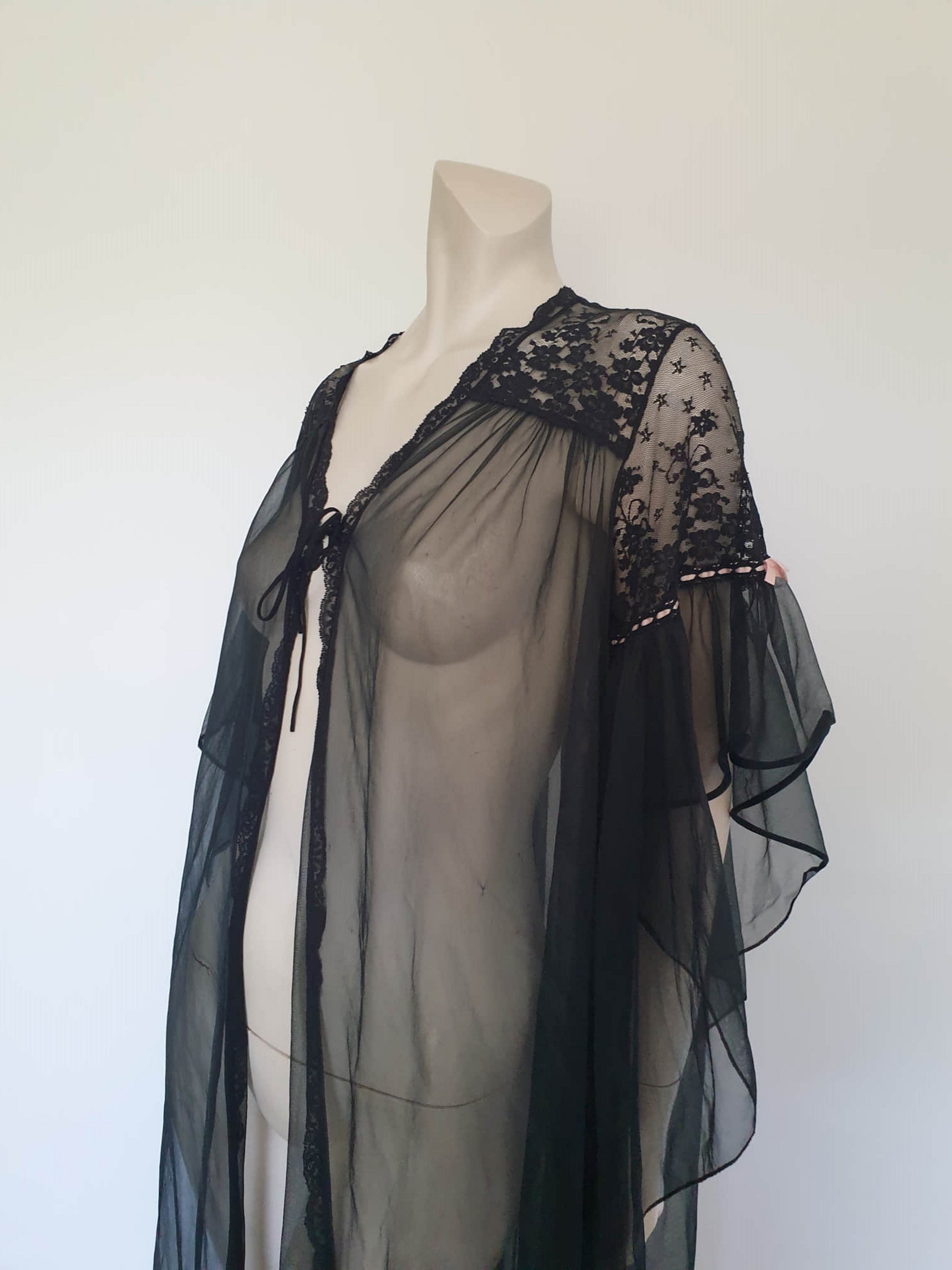 Sheer Black Peignoir, Robe With Amazing Sleeves - M – Louisa