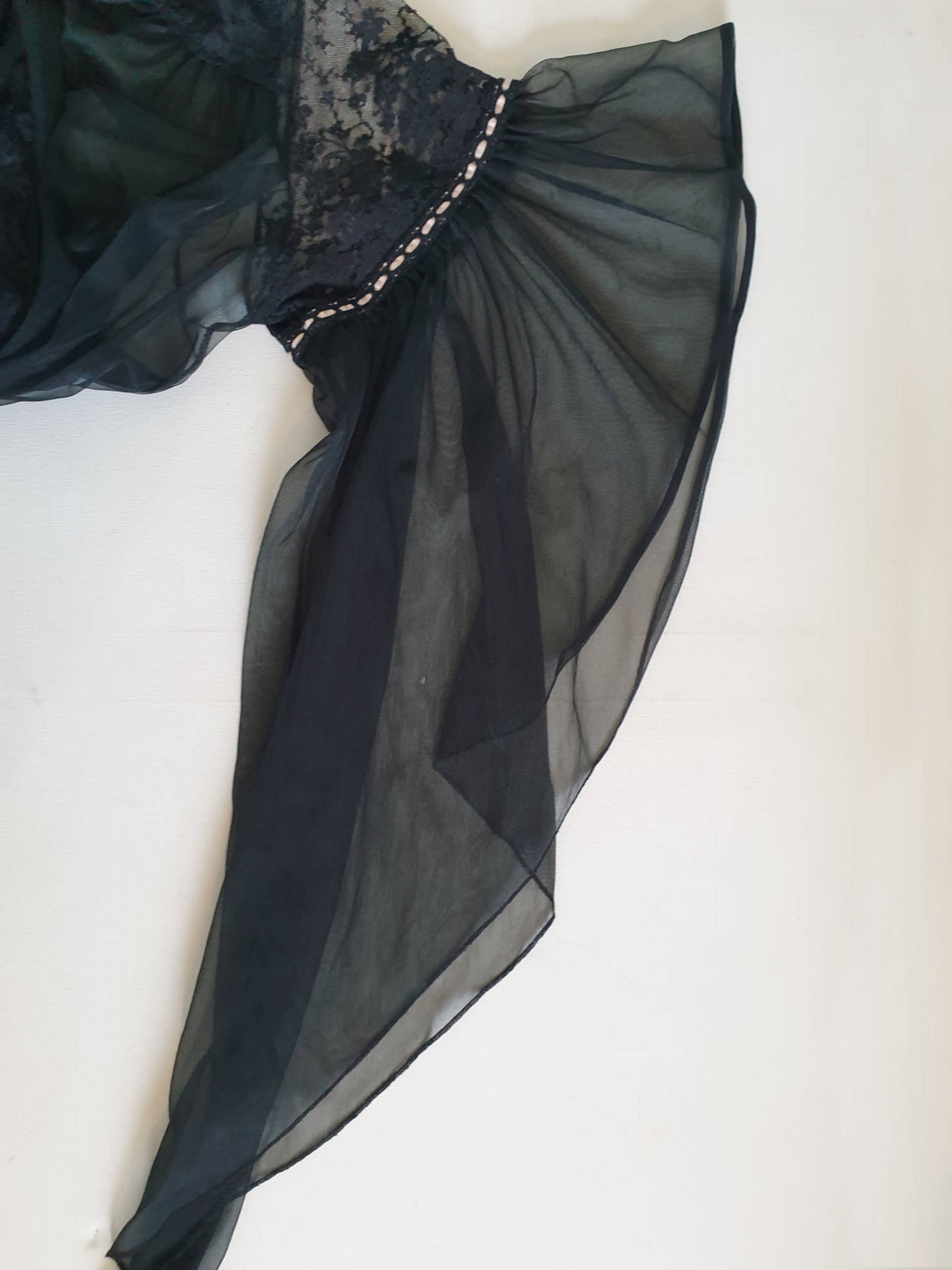 vintage sheer black peignoir with fancy sleeves