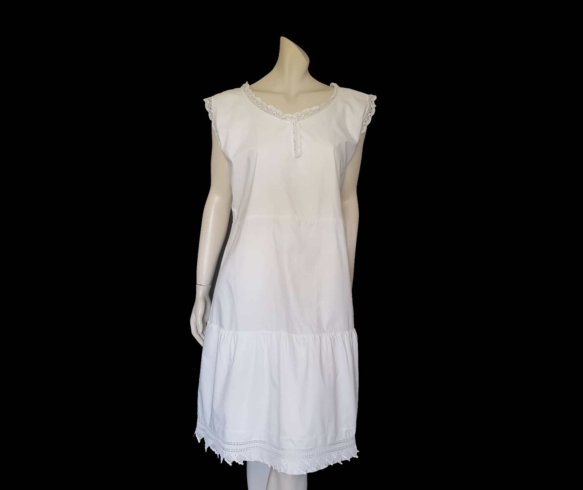1920s White Cotton Petticoat Dress With Crocheted Edging - L