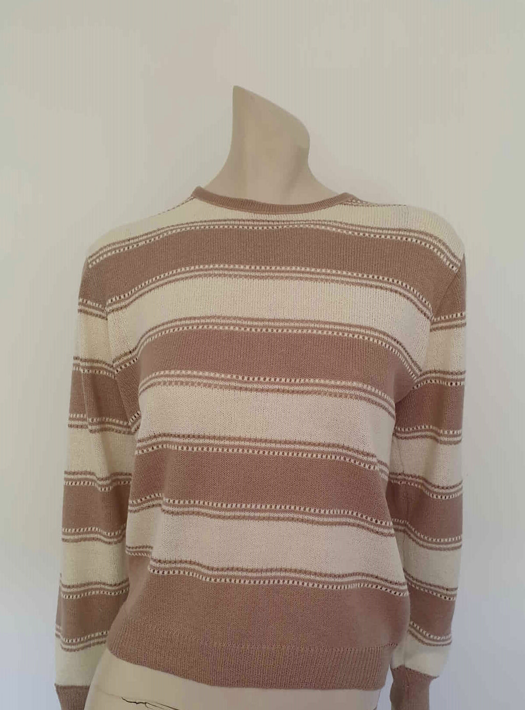 1980s vintage beige and cream striped jumper pullover by aywon medium