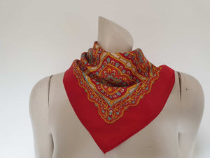 Vintage red satin scarf with colourful pattern