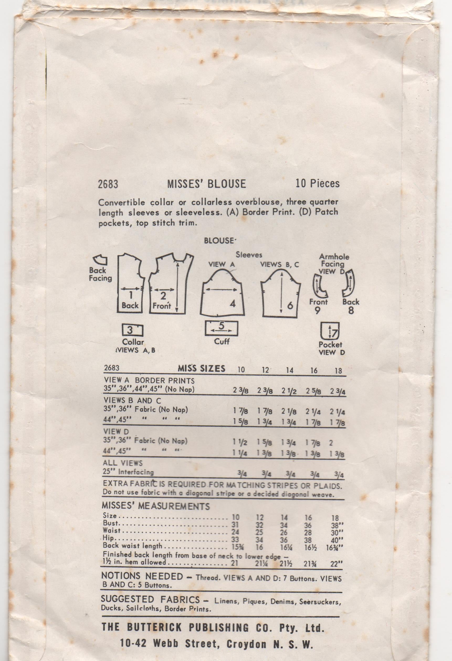 1960s vintage pattern over blouse butterick 2683 1963