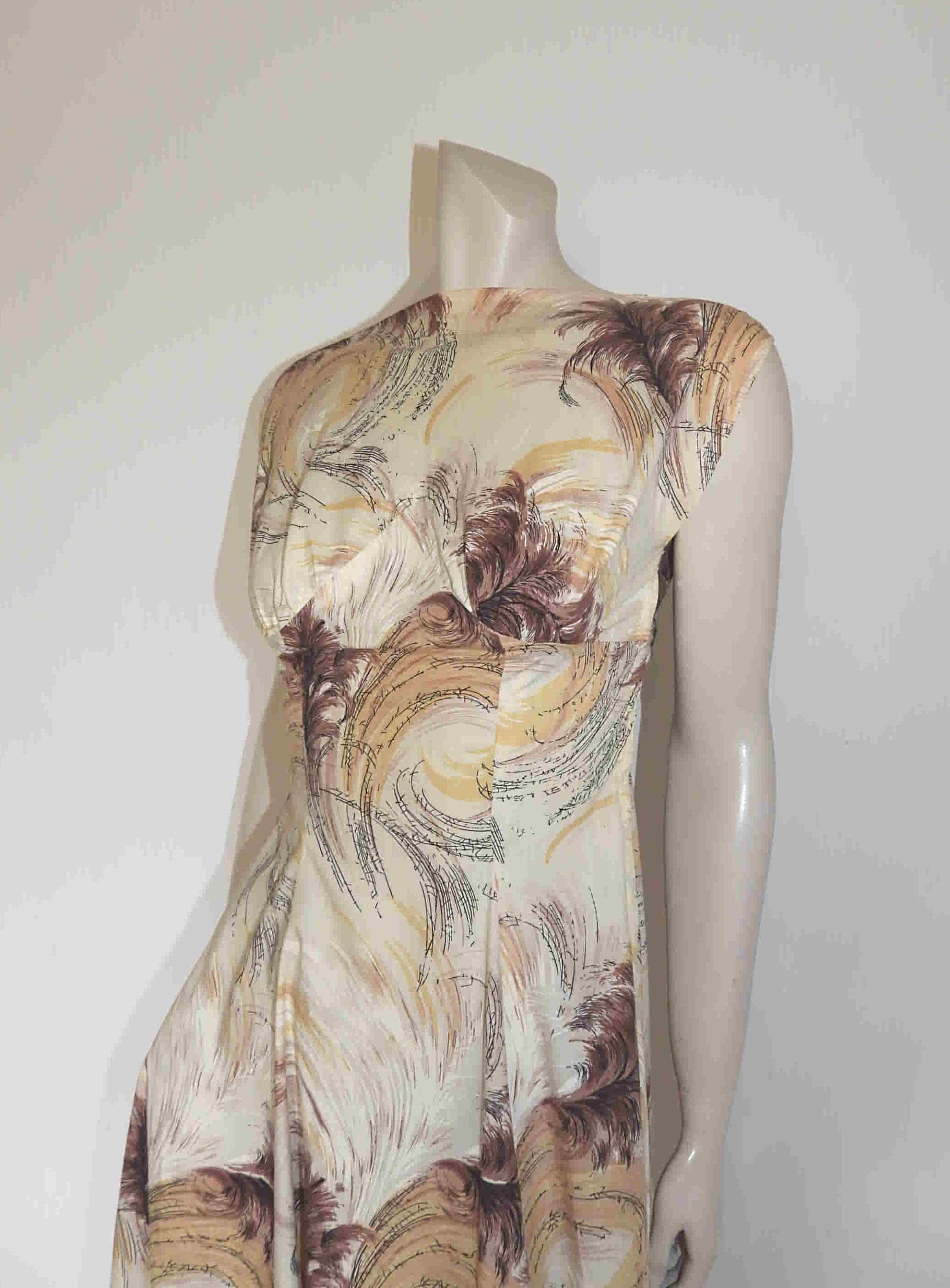 1950s vintage beige and brown feather print cotton dress - small