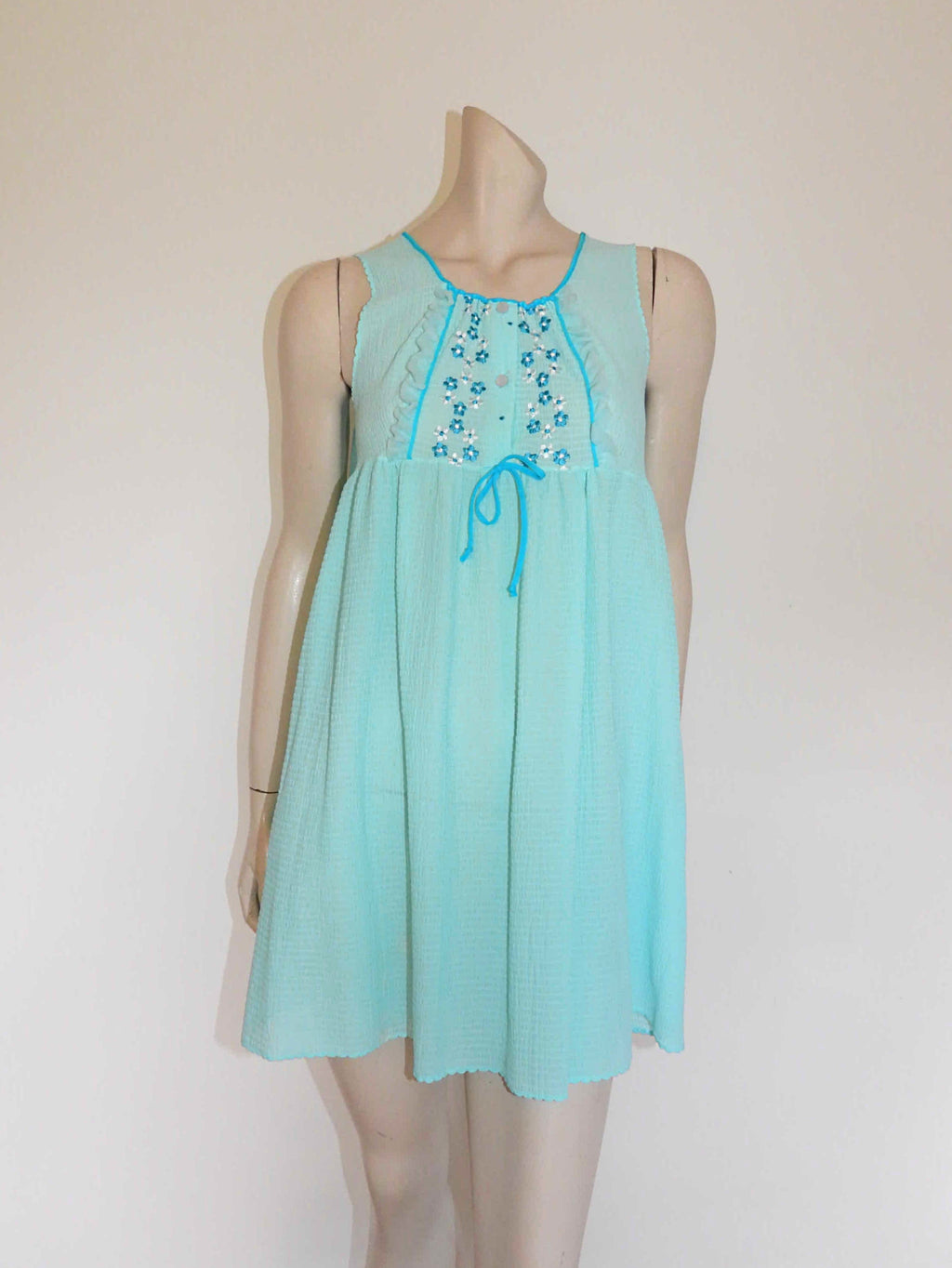 1970s mini nightgown aqua blue nylon seersucker small