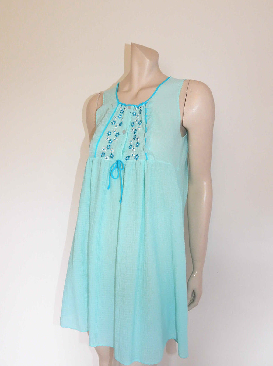 1970s Aqua Seersucker Mini Nightgown - S – Louisa Amelia Jane Vintage