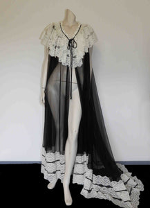 vintage  sheer black negligee peignoir with train and white lace trim medium to large