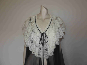 vintage  sheer black negligee peignoir with train and white lace trim medium to large