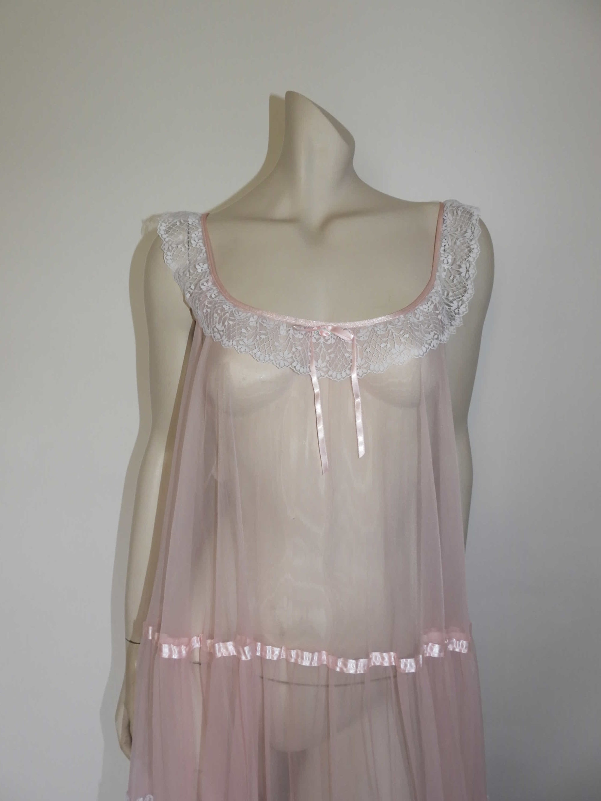 vintage sheer pink negligee nightgown with deep lace ruffle