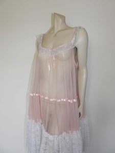 vintage sheer pink negligee nightgown with deep lace ruffle