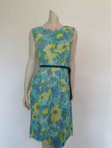 1960s Blue Floral Dress With Double Pleated Skirt - Bust 96-99 cm