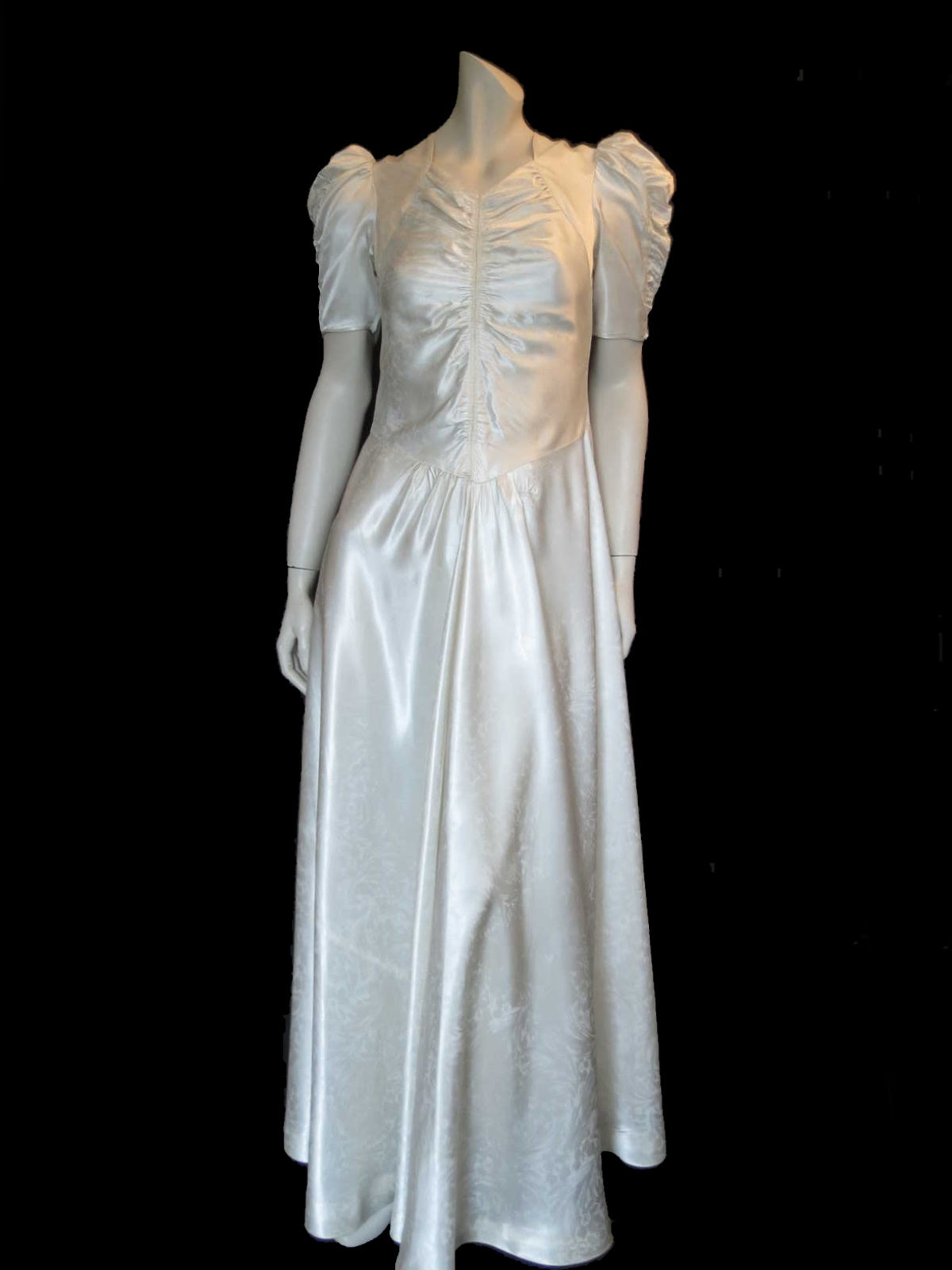1940s vintage satin wedding dress bridal with puffy sleeves ruched bodice