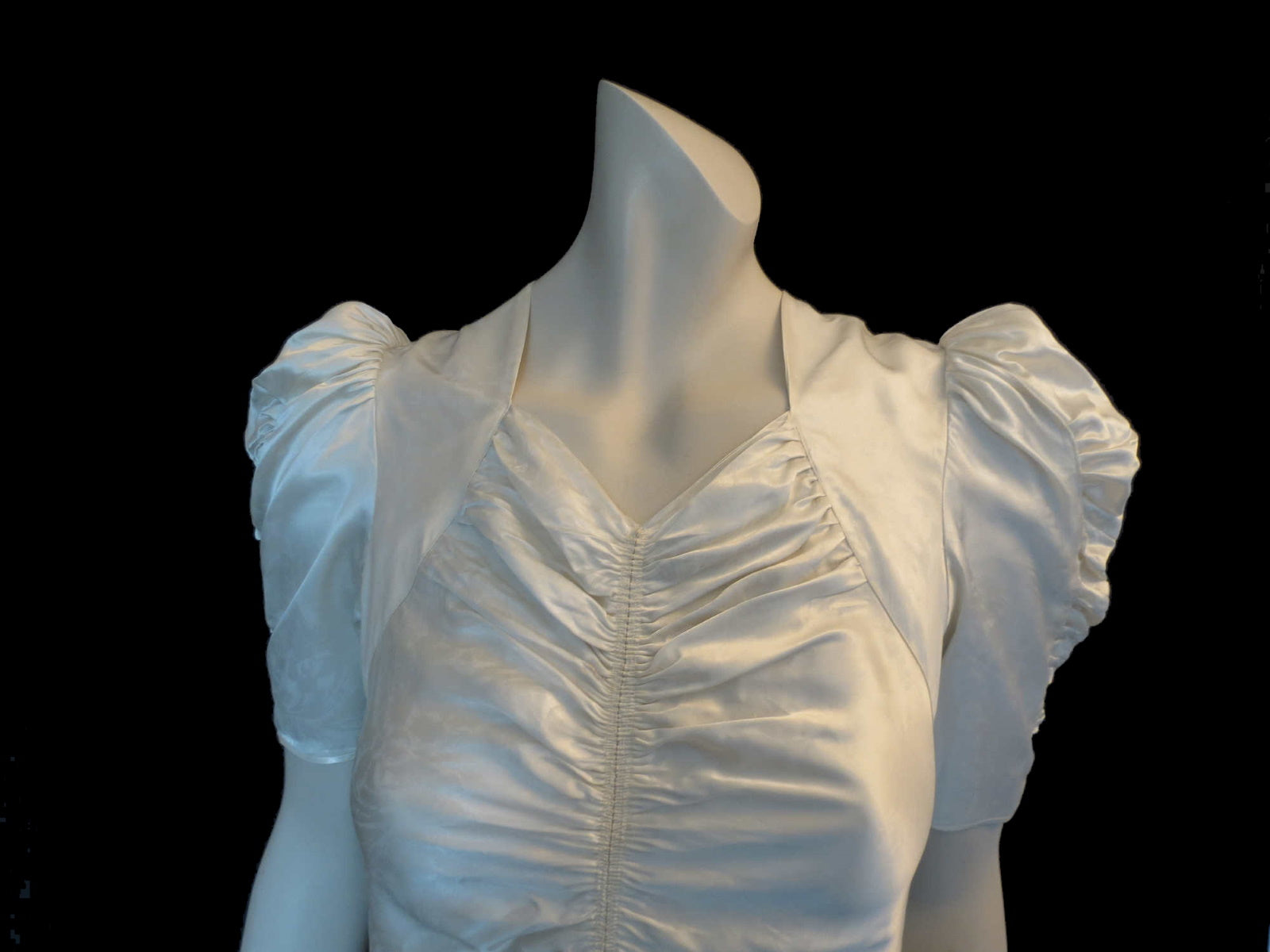 1940s vintage satin wedding dress bridal with puffy sleeves ruched bodice