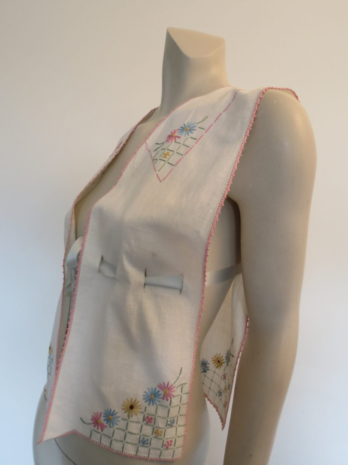 1920s vintage hand embroidered linen blouse front wrap vest