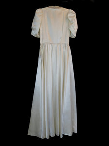 1940s vintage rayon satin wedding dress with ruched bodice and bow trim