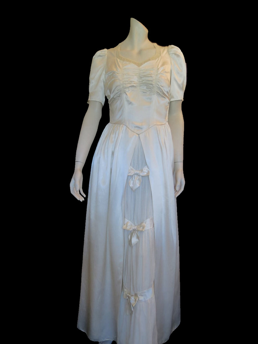 1940s vintage rayon satin wedding dress with ruched bodice and bow trim