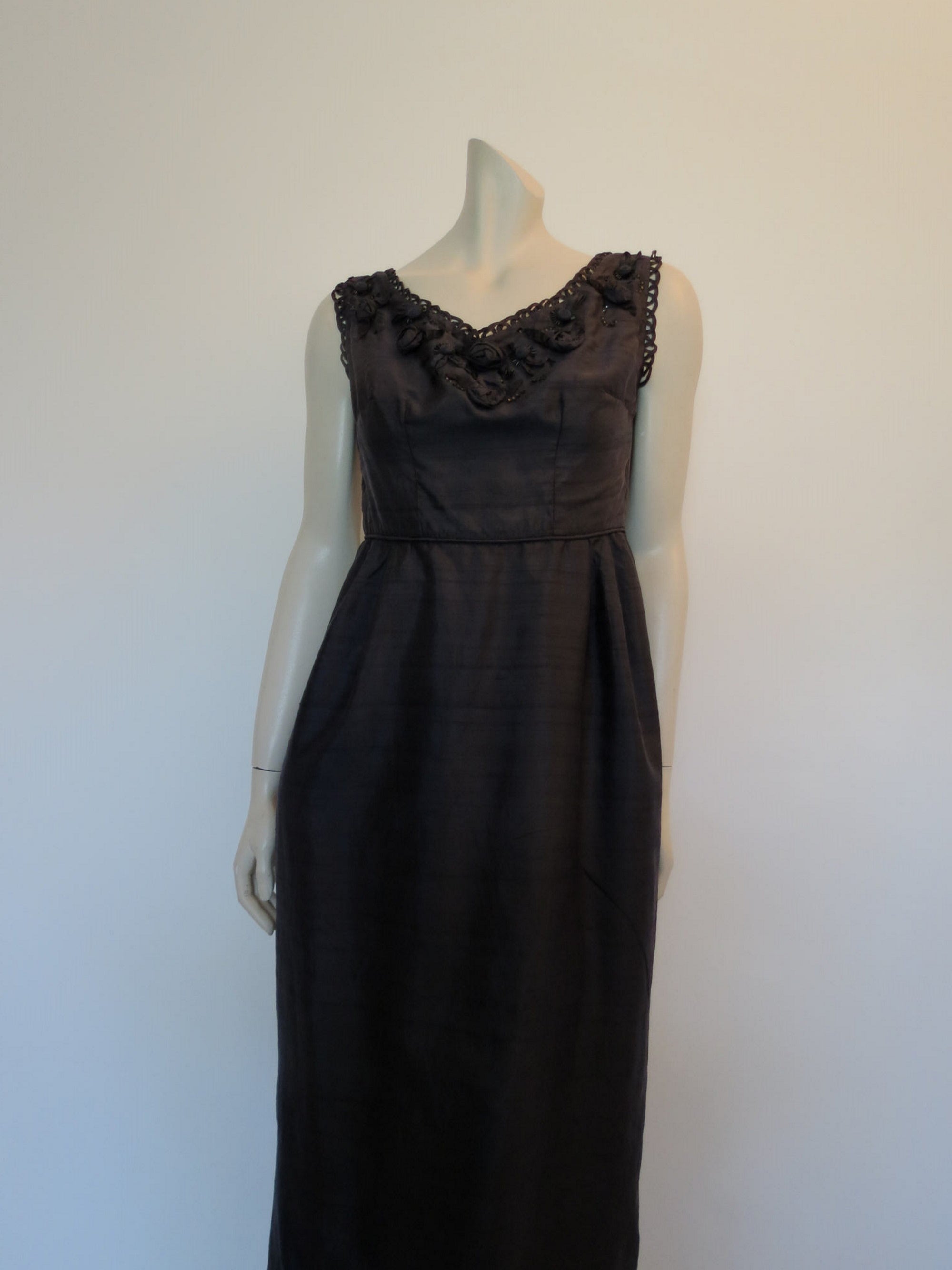 Black Silk Evening Gown With Flower Trim - 1960s - Bust 90 cm
