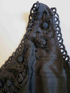 Black Silk Evening Gown With Flower Trim - 1960s - Bust 90 cm