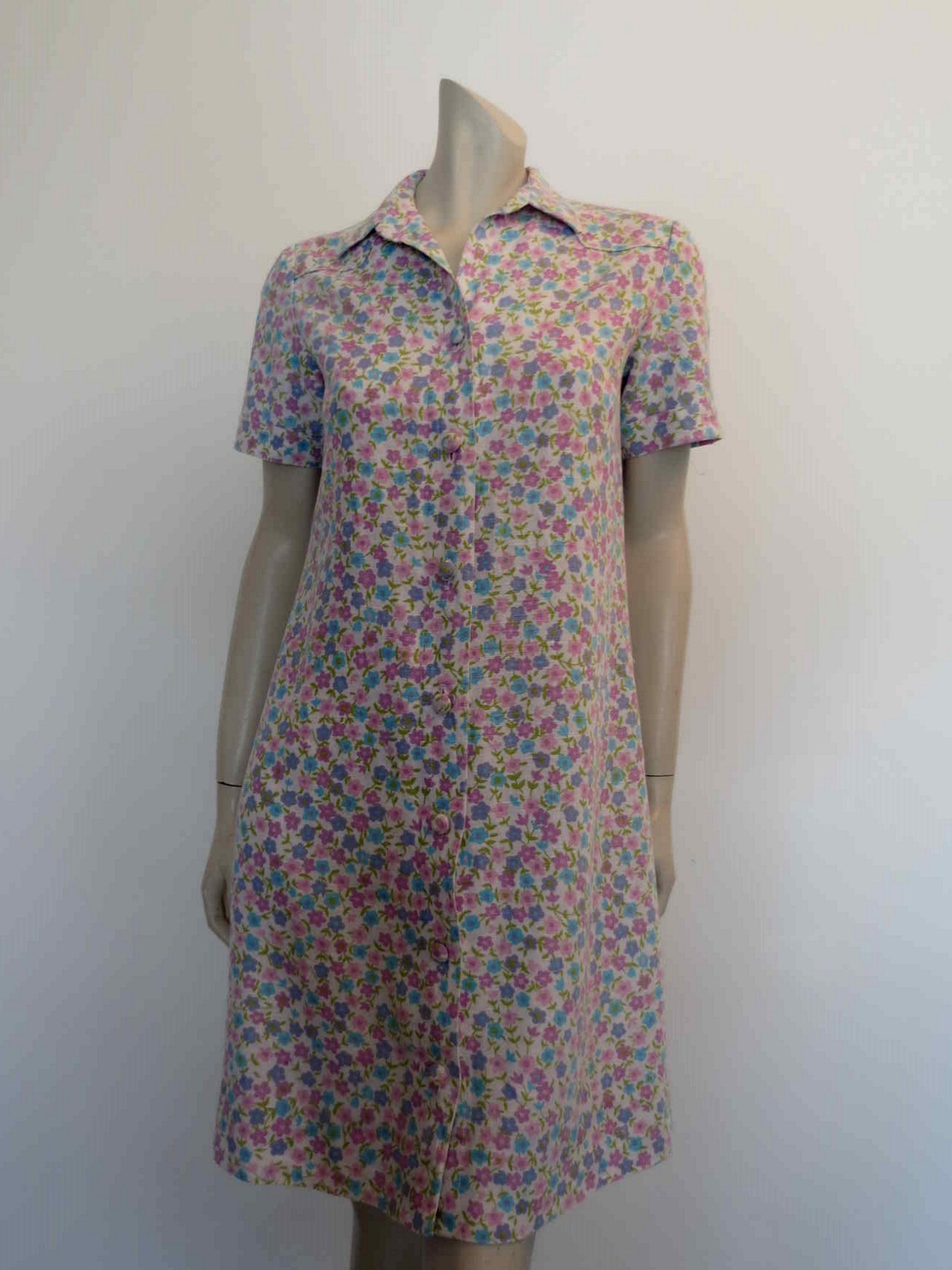 1960s vintage pink floral linen button front dress