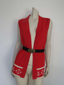 1970s vintage long red knit nautical vest by javonne