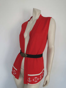 1970s vintage long red knit nautical vest by javonne