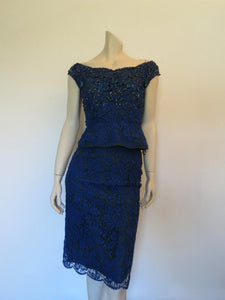 vintage 1960s blue lace cocktail dress with cummerbund and beading
