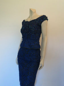 vintage 1960s blue lace cocktail dress with cummerbund and beading