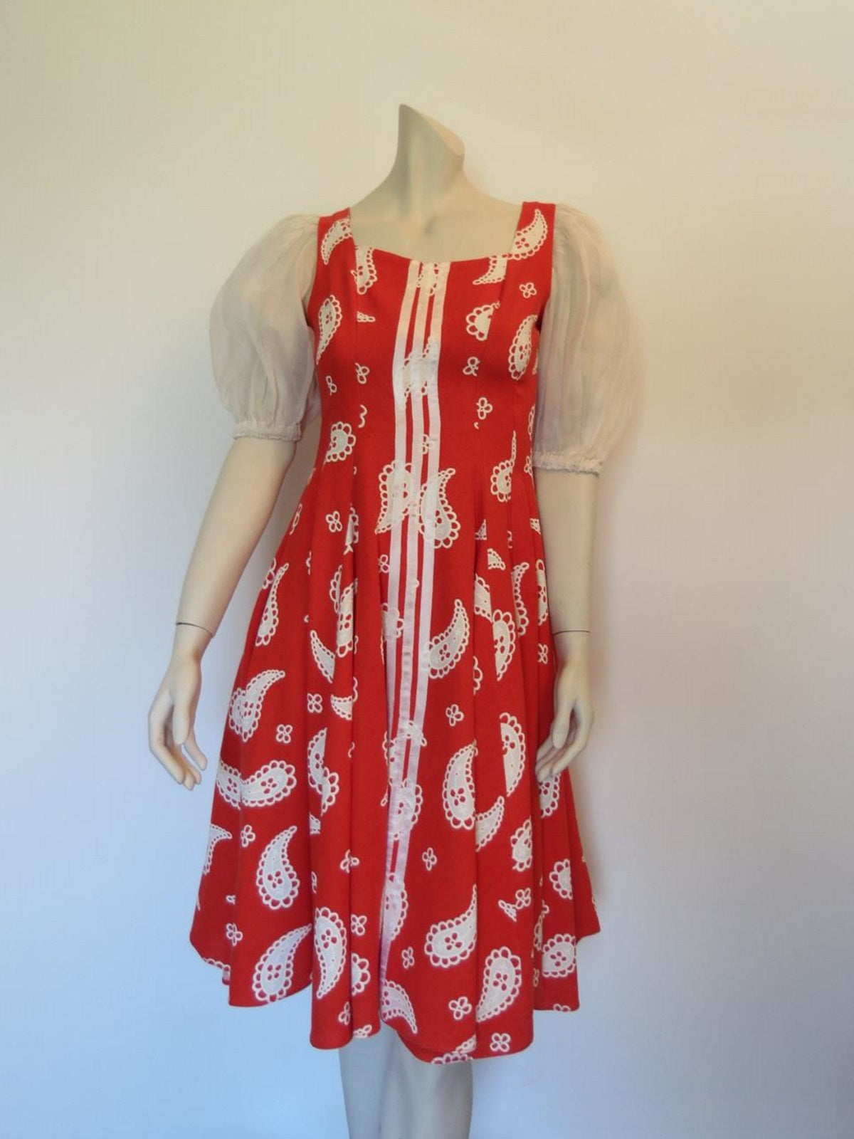 vintage 1950s style dirndl red  paisley dress with white puffy organdy sleeves