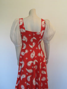 vintage 1950s style dirndl red  paisley dress with white puffy organdy sleeves