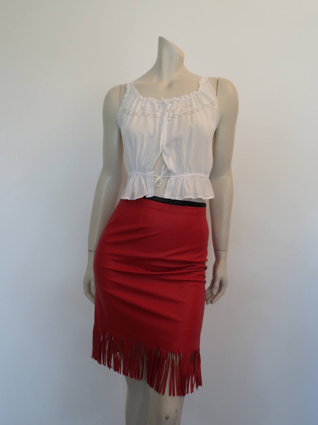 Fringed red leather mini skirt by third millenium