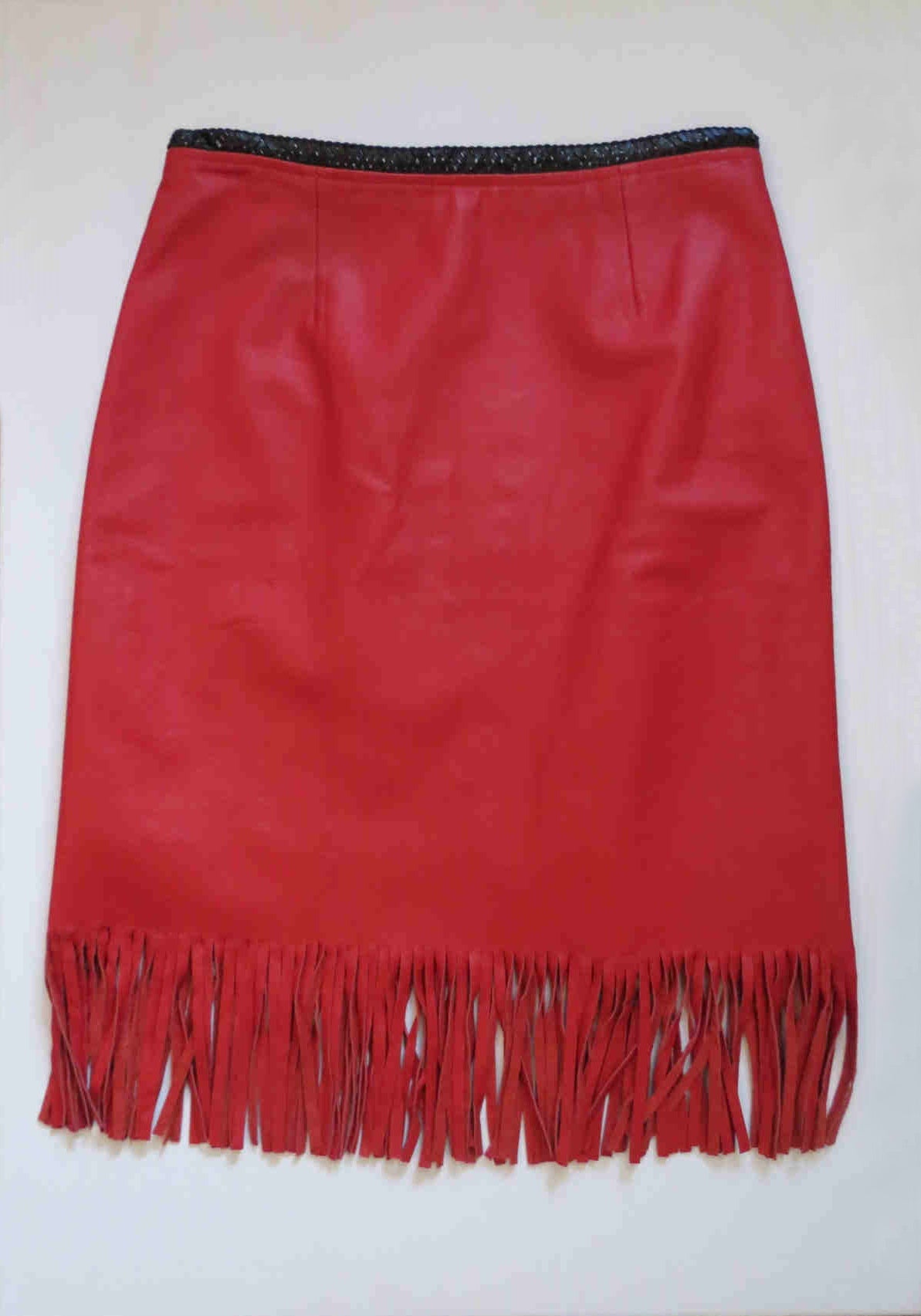 Fringed red leather mini skirt by third millenium