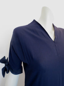 1950s vintage navy blue crepe and taffeta dress with sleeve ties