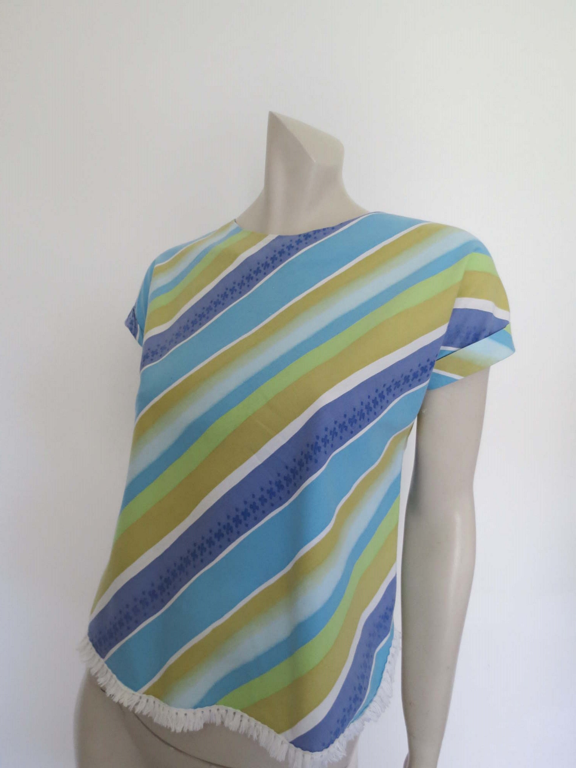 1960s vintage blue striped cotton beach top with fringe