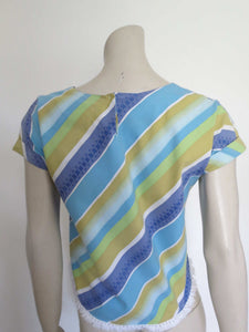 1960s vintage blue striped cotton beach top with fringe