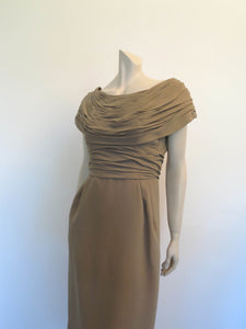 1960s vintage brown crepe cocktail dress with draped bodice by jinoel
