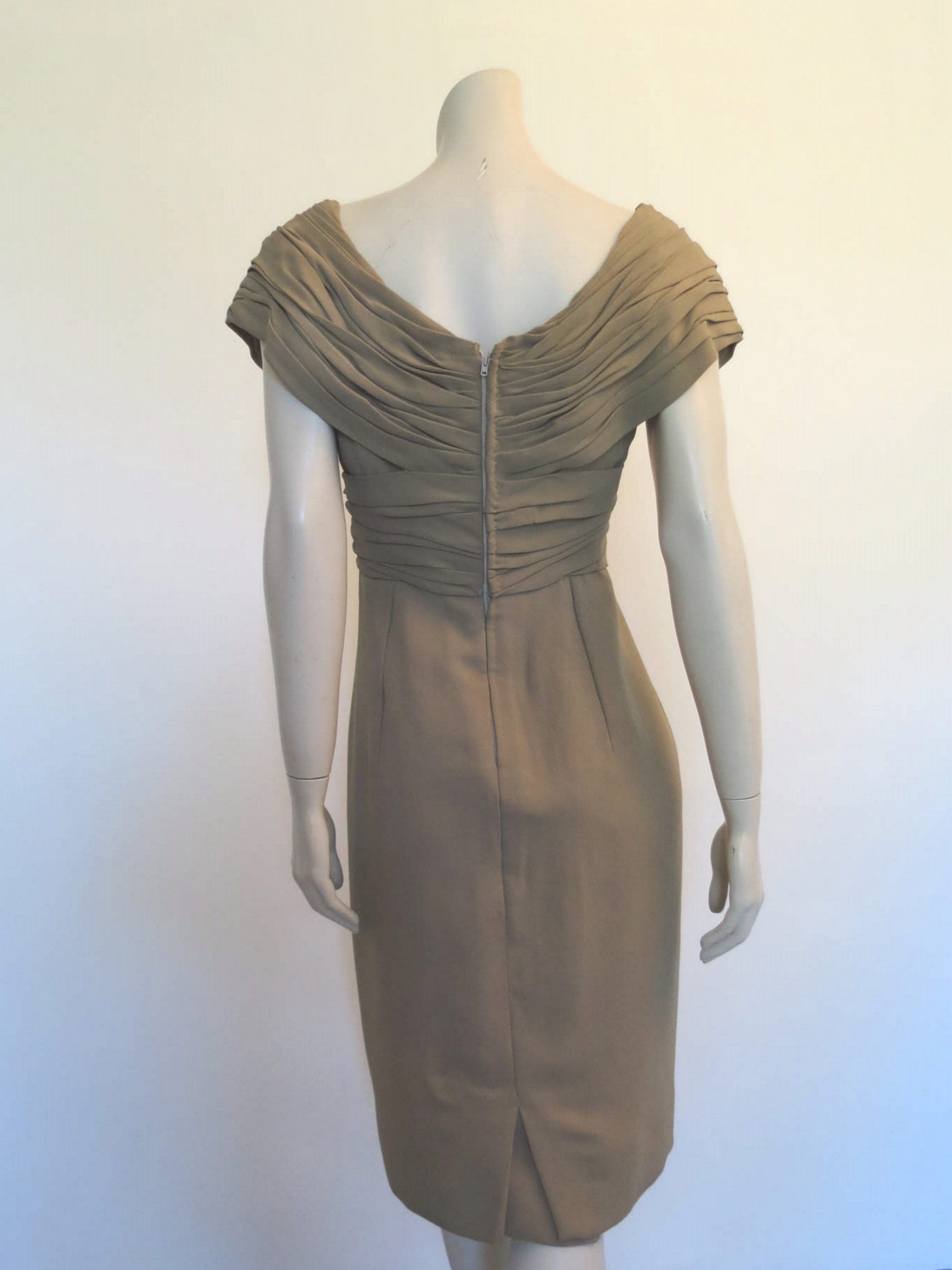 1960s vintage brown crepe cocktail dress with draped bodice by jinoel