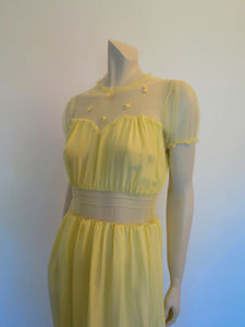 1940s vintage yellow nightgown with mesh yoke and midriff