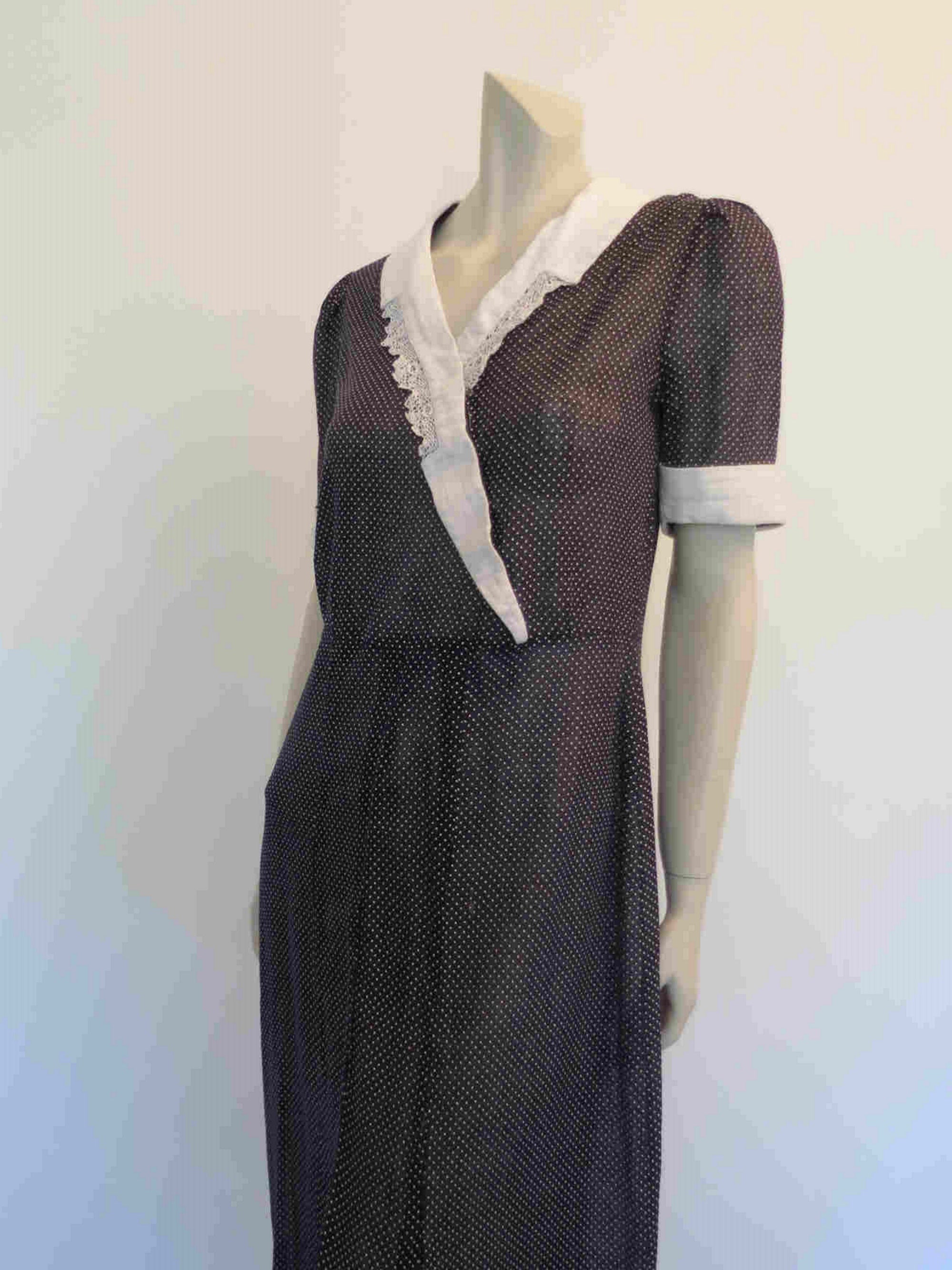 1930s vintage navy blue polka dot dress with crochet trim