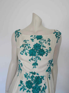 1960s vintage cream and emerald green floral silk dress
