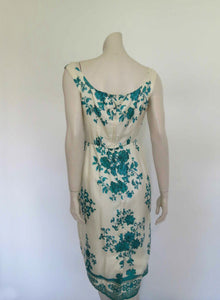 1960s vintage cream and emerald green floral silk dress