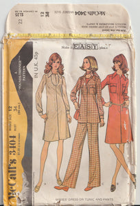 vintage pattern shirtwaist dress or tunic and pants 1972, McCalls 3404