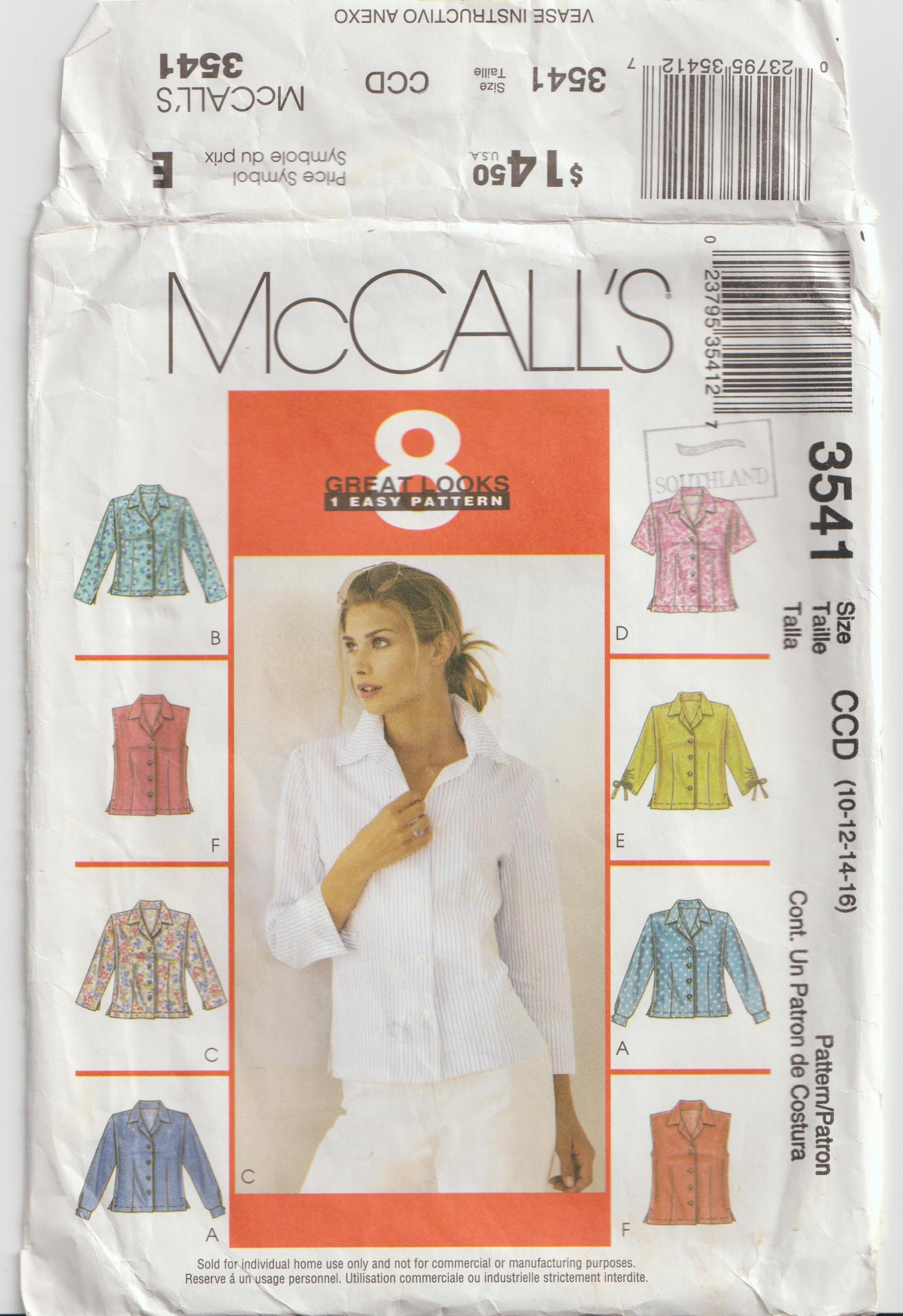 retro sewing pattern set of blouses McCalls 3541 2002