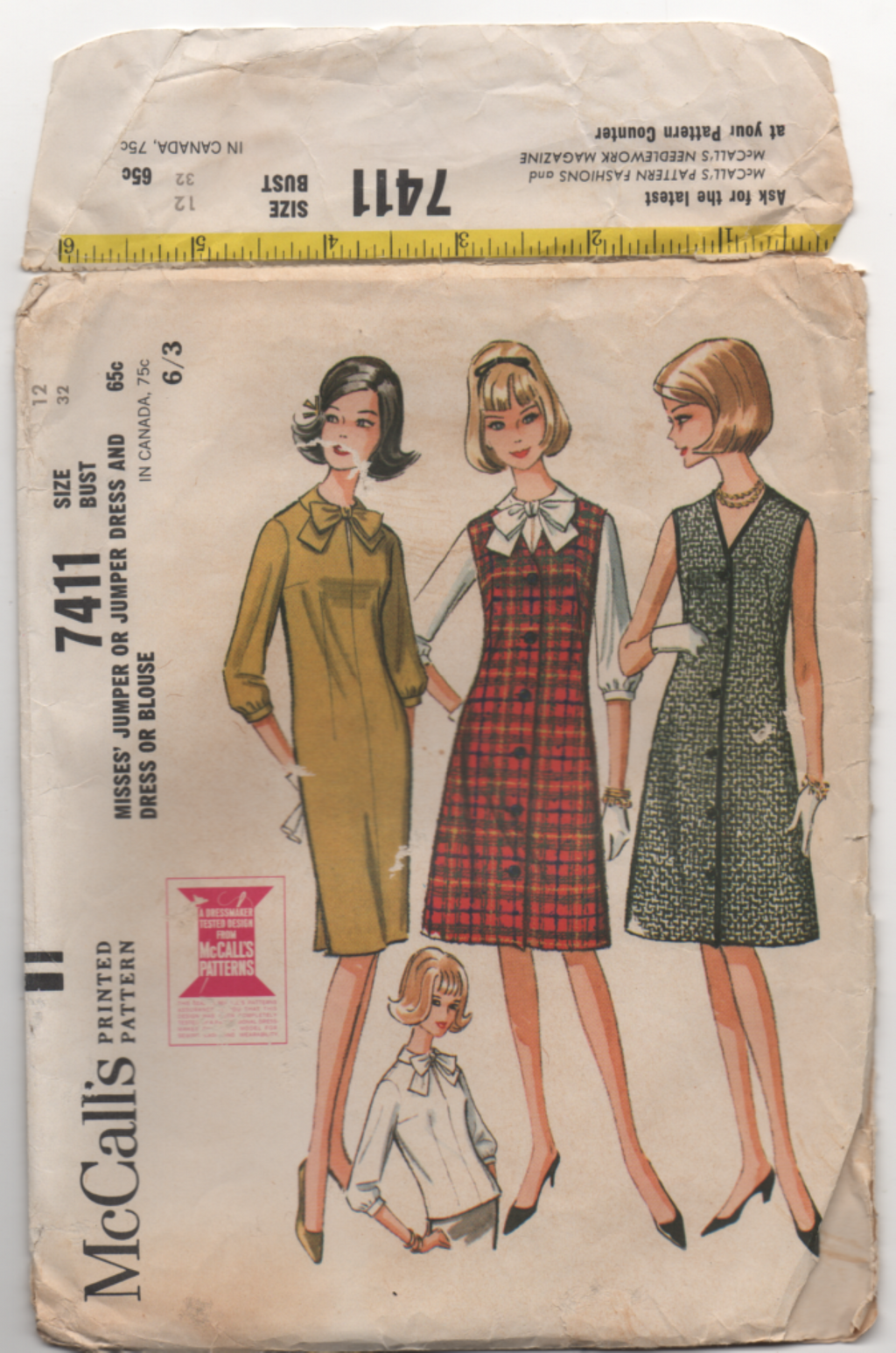vintage pattern jumper dress tie neck dress Mccall's 7411 1964