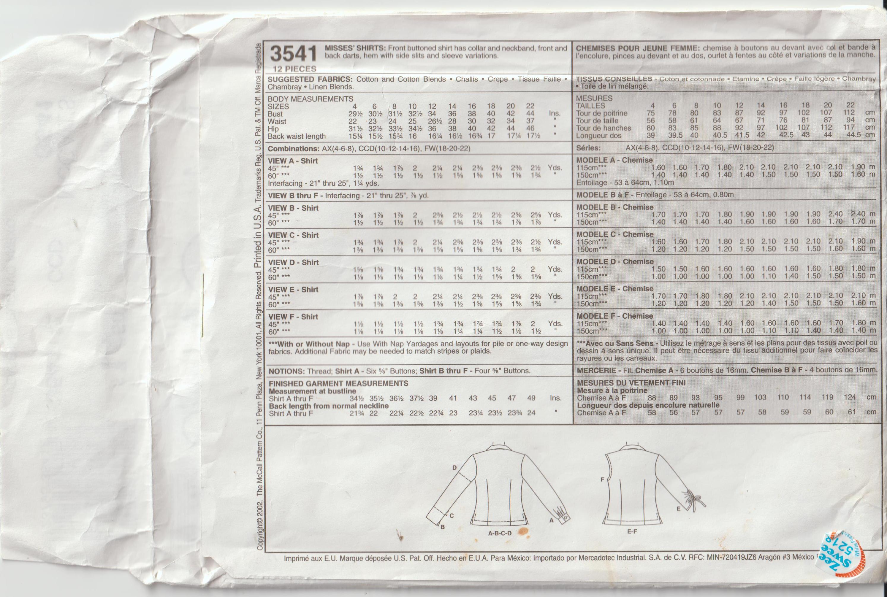 retro sewing pattern set of blouses McCalls 3541 2002