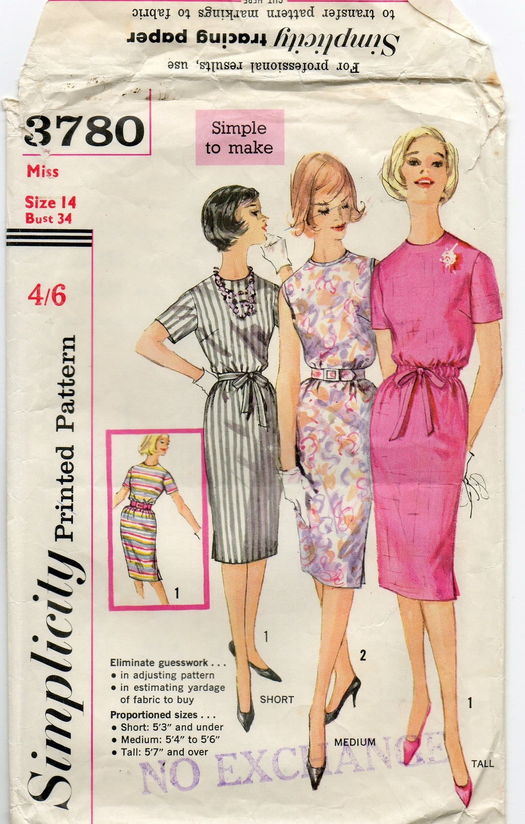 vintage sewing pattern simplicity 3780 straight dress 1960s pattern 1961