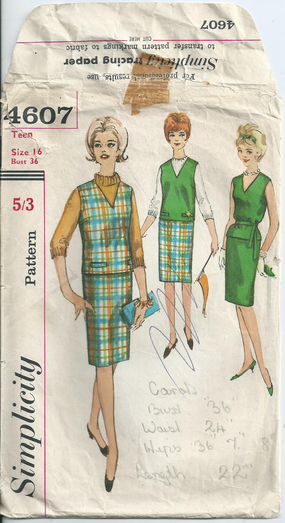 vintage sewing pattern simplicity 4607 teen jumper dress straight dress 1962 1960s