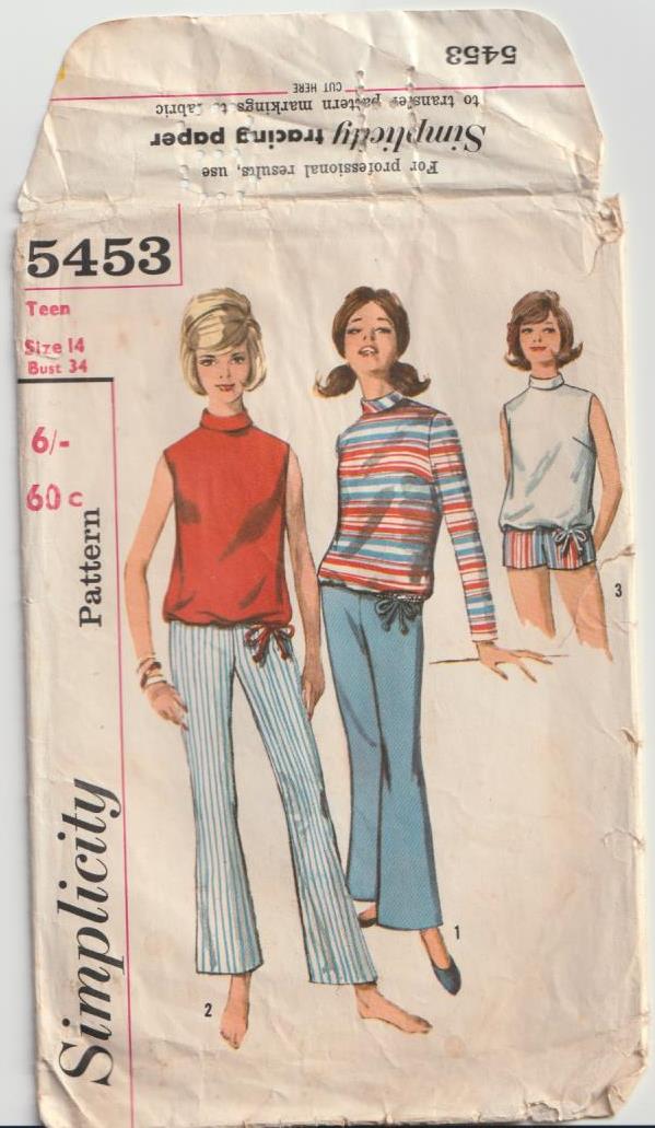 vintage sewing pattern simplicity 5453 pants shorts and top 1960s 1964 teen pattern