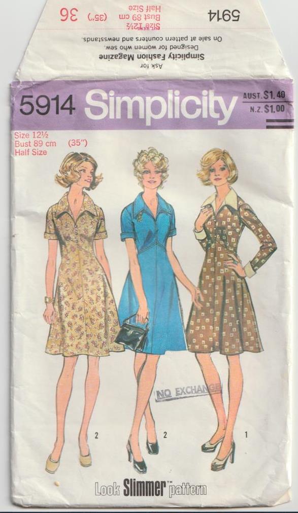 1970s vintage sewing pattern dress with raised bodice bust 89 cm Simplicity 5914