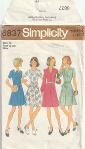 Shirtwaist or Zip Front Dress - Bust 81 & 92 cm - Vintage Pattern - Simplicity 6837 - 1975